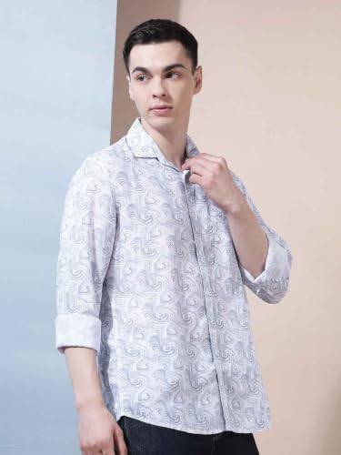 Crimsoune Club Men's Linen Blue Abstract Print Shirt