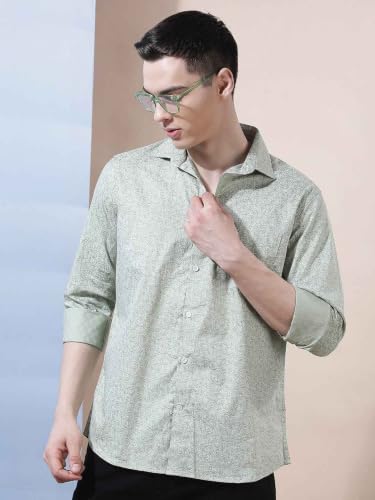 Crimsoune Club Men's Green Floral Print 100% Cotton Shirt
