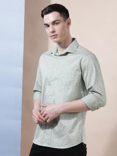 Crimsoune Club Men's Green Floral Print 100% Cotton Shirt