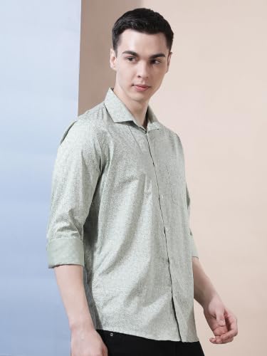 Crimsoune Club Men's Green Floral Print 100% Cotton Shirt