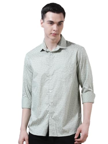 Crimsoune Club Men's Green Floral Print 100% Cotton Shirt