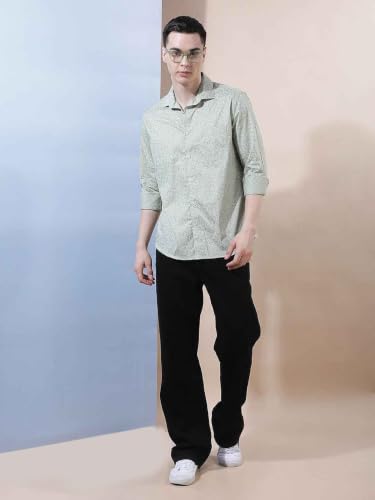 Crimsoune Club Men's Green Floral Print 100% Cotton Shirt