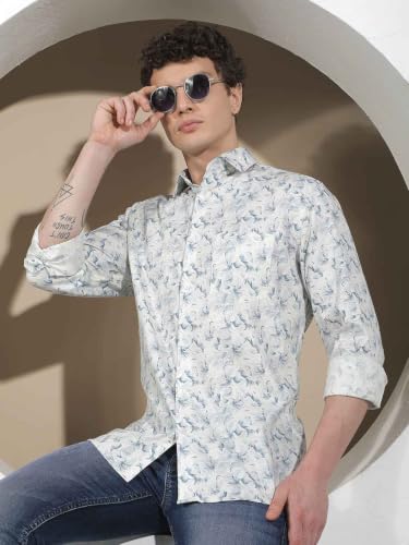 Crimsoune Club Men's Blue Floral Print 100% Cotton Shirt