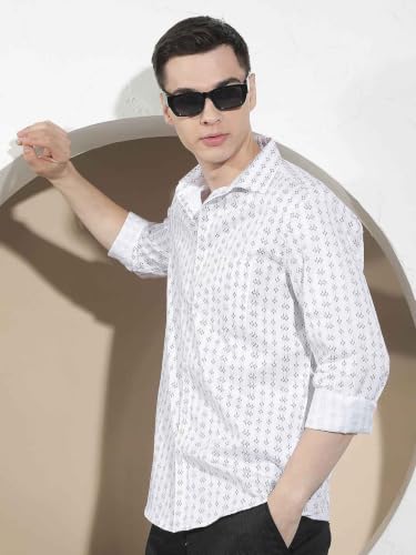 Crimsoune Club Men's White Printed 100% Cotton Shirt