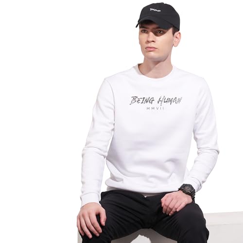 Being Human White Regular Fitround Neck Sweatshirt for Men (Size : M)