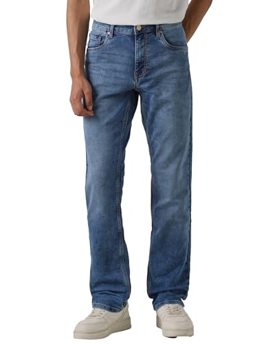 MUFTI Men Straight-Leg Jeans | Mid Rise Clean Solid Design with Five-Pocket Style & Medium Fade | Durable Cotton Blend Fabric for Casual & Smart Casual Wear| Mid Blue 32