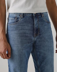 MUFTI Men Straight-Leg Jeans | Mid Rise Clean Solid Design with Five-Pocket Style & Medium Fade | Durable Cotton Blend Fabric for Casual & Smart Casual Wear| Mid Blue 32