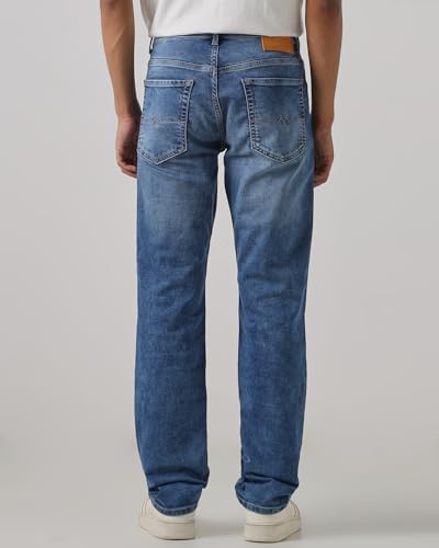 MUFTI Men Straight-Leg Jeans | Mid Rise Clean Solid Design with Five-Pocket Style & Medium Fade | Durable Cotton Blend Fabric for Casual & Smart Casual Wear| Mid Blue 32