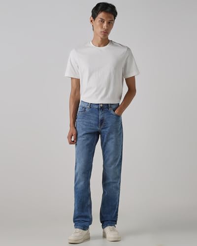 MUFTI Men Straight-Leg Jeans | Mid Rise Clean Solid Design with Five-Pocket Style & Medium Fade | Durable Cotton Blend Fabric for Casual & Smart Casual Wear| Mid Blue 32