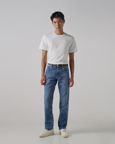 MUFTI Men Straight-Leg Jeans | Mid Rise Clean Solid Design with Five-Pocket Style & Medium Fade | Durable Cotton Blend Fabric for Casual & Smart Casual Wear| Mid Blue 32