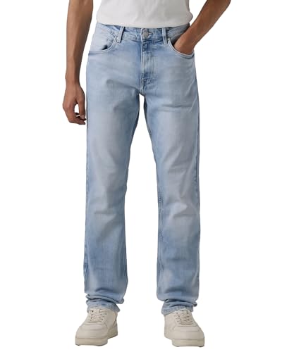 Mufti men's straight fit light blue denim jeans with mid-rise, cotton-polyester blend and stretch for casual everyday wear.