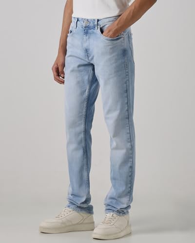Mufti men's straight fit light blue denim jeans with mid-rise waist, cotton-polyester blend, and stretch for casual everyday wear.