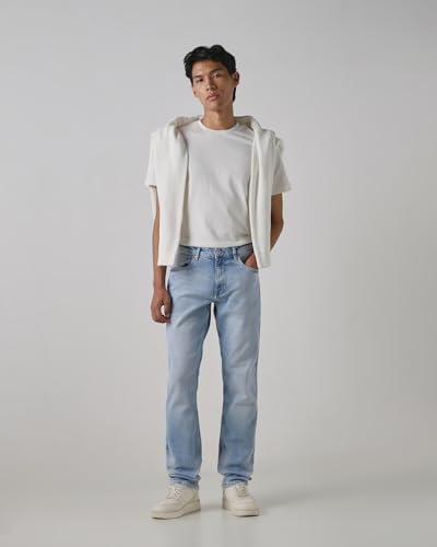 Mufti men's straight fit light blue denim jeans with mid-rise, stretch cotton-polyester blend, casual style, size 38.