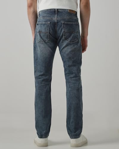 Mufti men's straight-leg jeans in medium wash faded denim with five-pocket style, durable cotton blend, and stretch fabric.