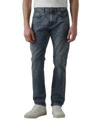 Mufti men's straight-leg jeans in medium wash faded denim with five-pocket style, durable cotton blend and stretch fabric.