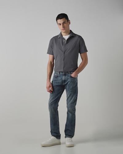 Mufti men's straight-leg jeans in medium wash faded denim with five-pocket style, cotton blend and stretch fabric for casual wear.