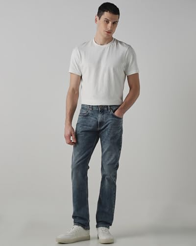 Mufti men's straight-leg jeans in medium wash faded denim with five-pocket style, durable cotton blend, and stretch fabric.