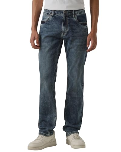 MUFTI Men Straight-Leg Jeans | Mid Rise Medium Wash Denim with Classic Five-Pocket Style & Light Distress | Durable Cotton Blend for Casual & Smart Casual Wear| Medium Indigo Blue 36