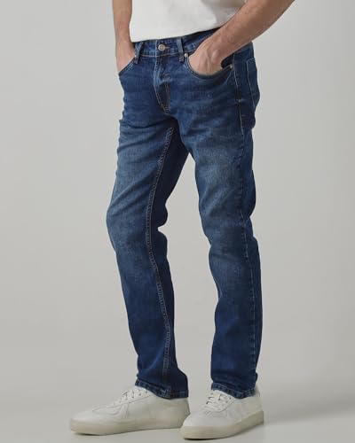 Mufti men's super slim fit jeans in medium wash denim with five-pocket style and stretch, casual and smart casual wear.
