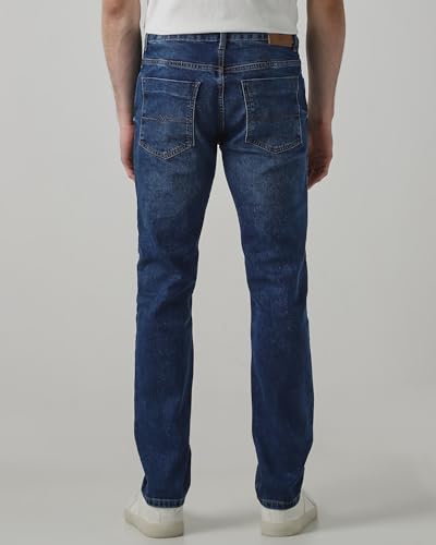 Mufti men's super slim fit mid-rise jeans in medium indigo blue denim with five-pocket style and stretch fabric, size 32.