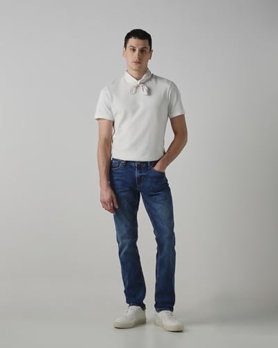 Mufti men's slim fit medium wash jeans with five-pocket style, durable stretch cotton-polyester blend, mid-rise, medium indigo blue.