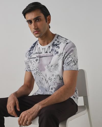 MUFTI Men Casual T-Shirt | Slim Fit Crew Neck Graphic Print Design | 100% Cotton Single Jersey Fabric for Breathable Comfort & Stylish Weekend Outings| Muted Pink M