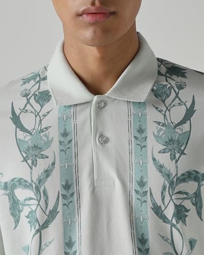 Mufti men's slim fit sage green polo shirt with white stripes, short sleeves, polo collar, chest pocket, 100% cotton, jacquard weave.