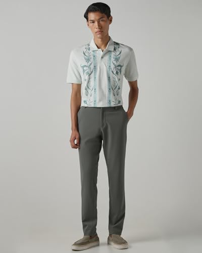 Men's Mufti slim fit polo t-shirt with green and white striped jacquard weave, polo collar, short sleeves, and chest pocket in sage green.