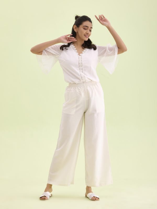 GO COLORS Solid Linen Palazzos for Women|Relaxed Fit, Mid Rise, Cream_8905344006720_White_2XL