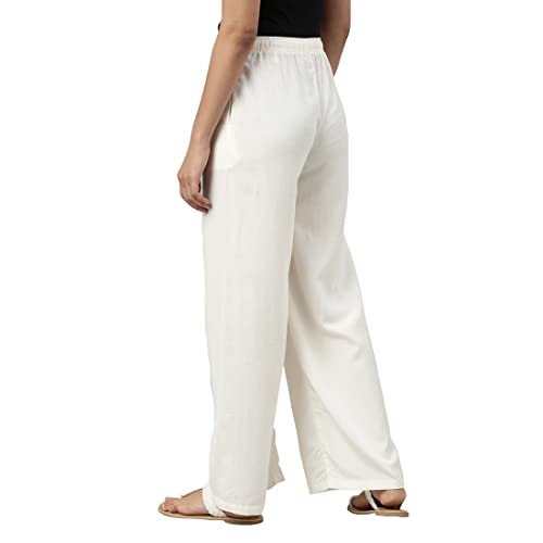 GO COLORS Solid Linen Palazzos for Women|Relaxed Fit, Mid Rise, Cream_8905344006720_White_2XL