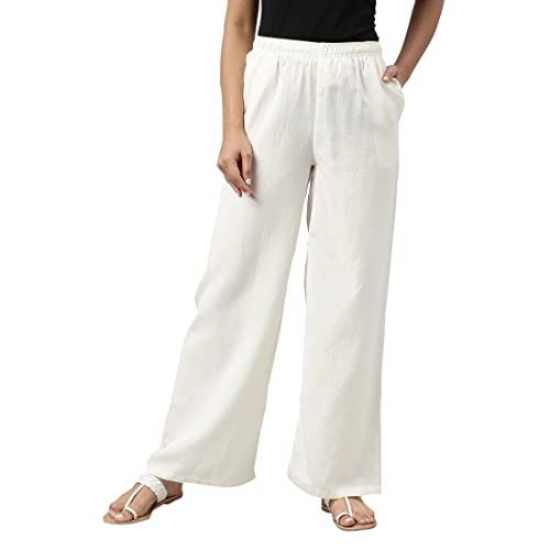 GO COLORS Solid Linen Palazzos for Women|Relaxed Fit, Mid Rise, Cream_8905344006720_White_2XL