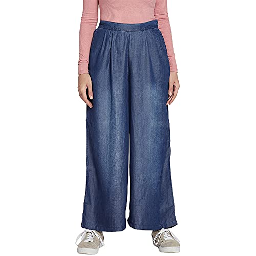 GO COLORS Women Blue Mid Rise Linen Denim Palazzo - L