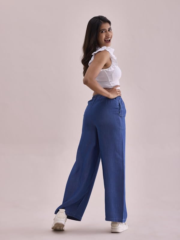 GO COLORS Women Blue Mid Rise Linen Denim Palazzo - L