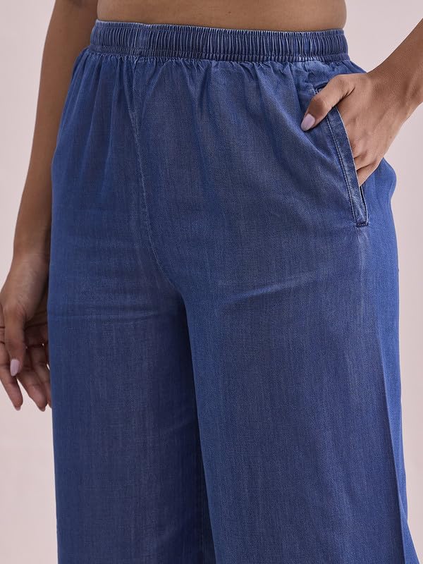 GO COLORS Women Blue Mid Rise Linen Denim Palazzo - L