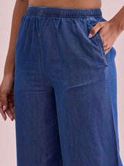 GO COLORS Women Blue Mid Rise Linen Denim Palazzo - M