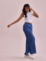 GO COLORS Women Blue Mid Rise Linen Denim Palazzo - M