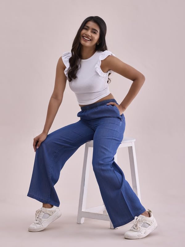 GO COLORS Women Blue Mid Rise Linen Denim Palazzo - M