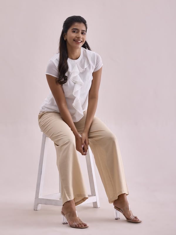 GO COLORS Women Light Beige Mid Rise Relaxed Fit Linen Palazzo