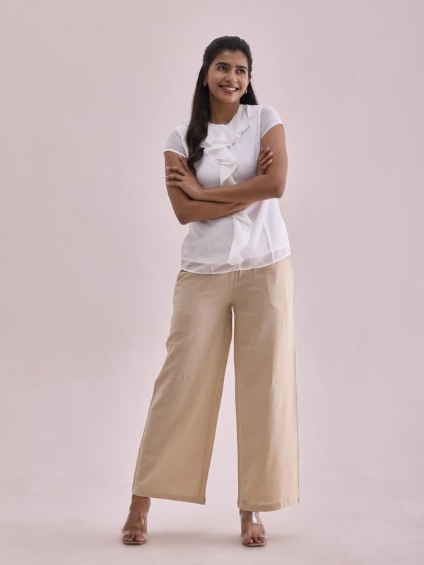 GO COLORS Women Light Beige Mid Rise Relaxed Fit Linen Palazzo