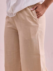 GO COLORS Women Light Beige Mid Rise Relaxed Fit Linen Palazzo