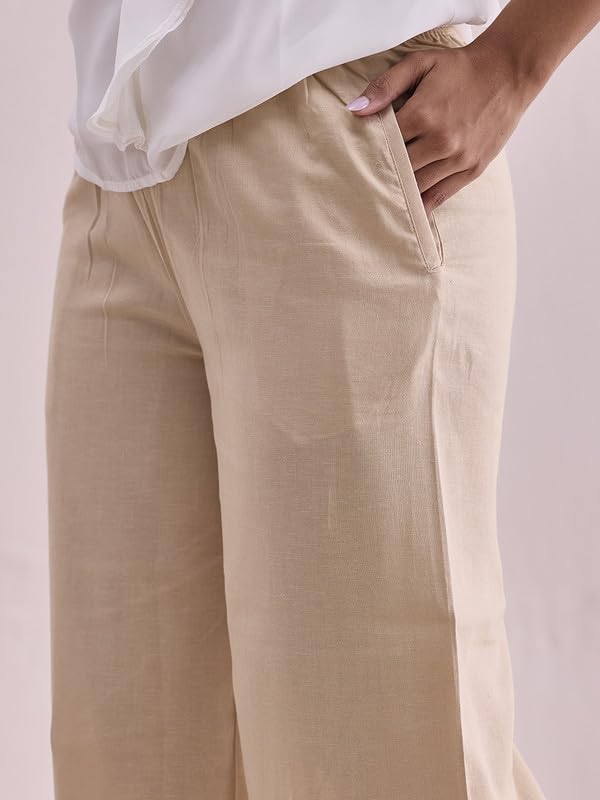 GO COLORS Women Light Beige Mid Rise Relaxed Fit Linen Palazzo