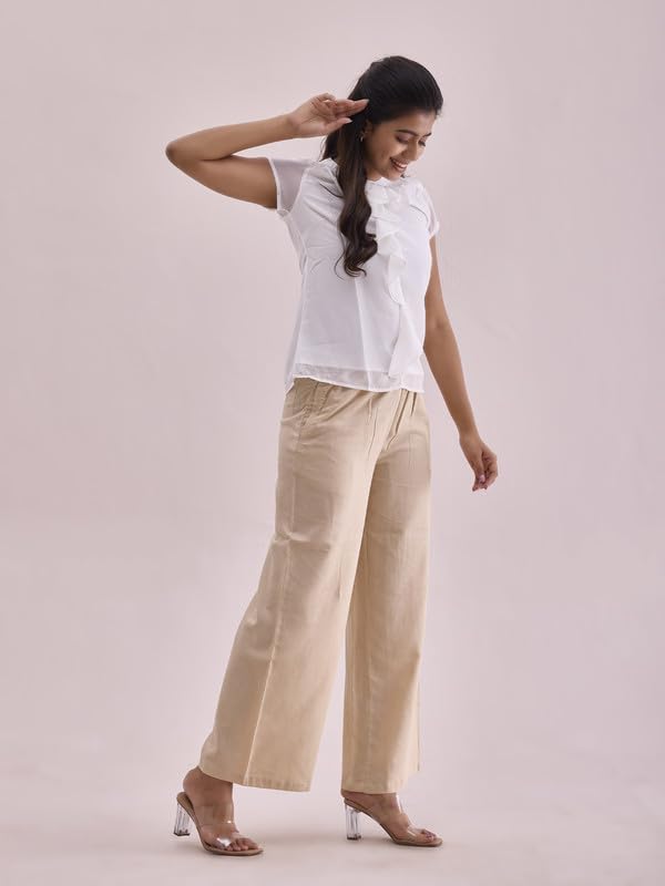 GO COLORS Women Light Beige Mid Rise Relaxed Fit Linen Palazzo