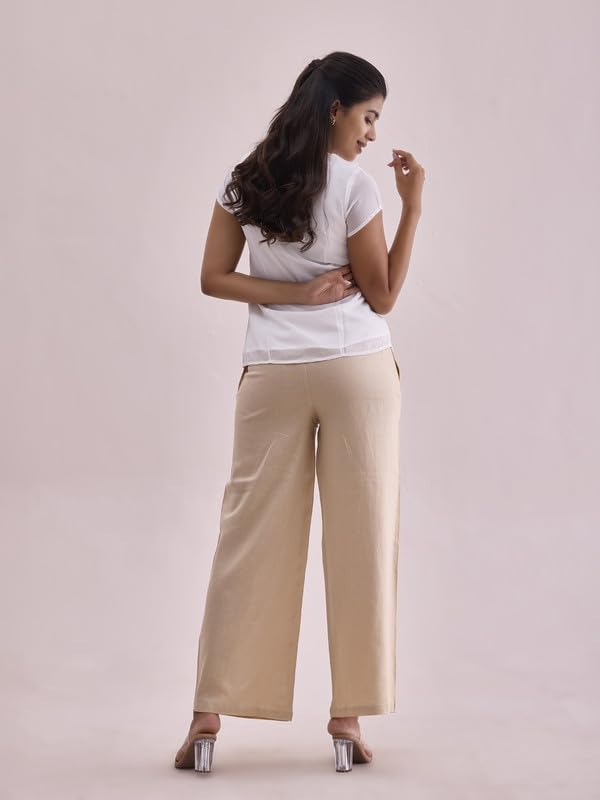 GO COLORS Women Light Beige Mid Rise Relaxed Fit Linen Palazzo