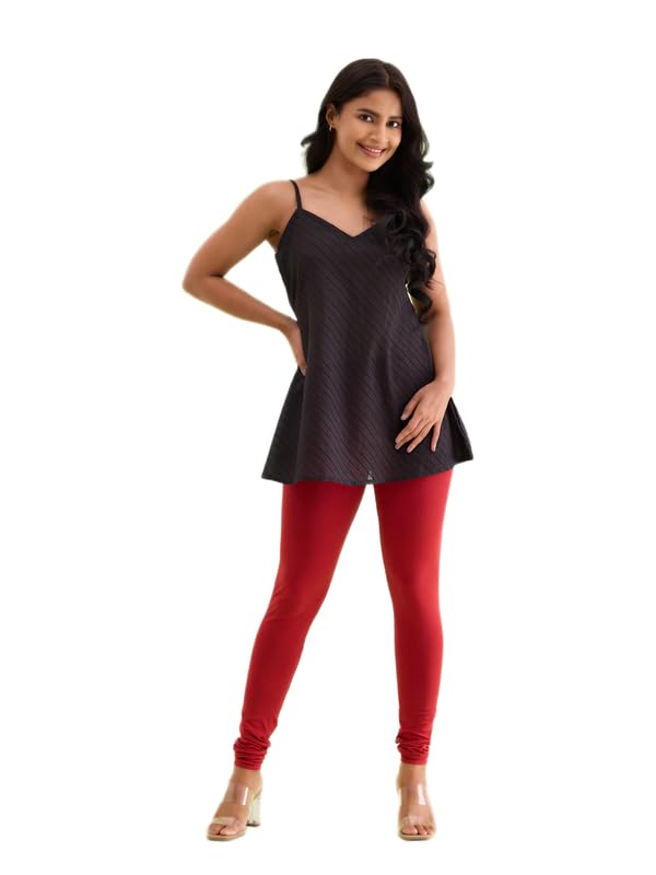 GO COLORS Soft Cotton Stretch Churidar for Women | Breathable, Mid Rise, Full Length, Cherry- XL