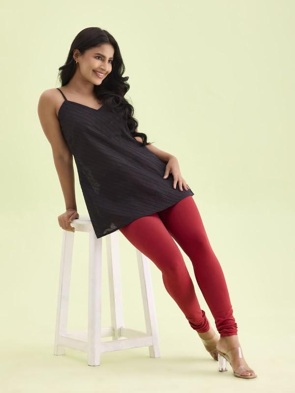 GO COLORS Soft Cotton Stretch Churidar for Women | Breathable, Mid Rise, Full Length, Cherry- XL