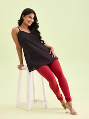 GO COLORS Soft Cotton Stretch Churidar for Women | Breathable, Mid Rise, Full Length, Cherry- XL