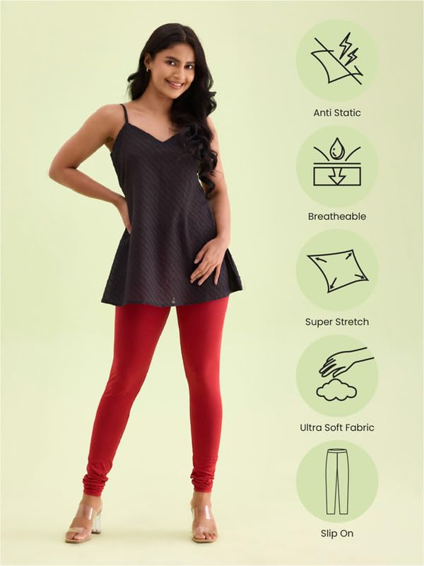 GO COLORS Soft Cotton Stretch Churidar for Women | Breathable, Mid Rise, Full Length, Cherry- XL