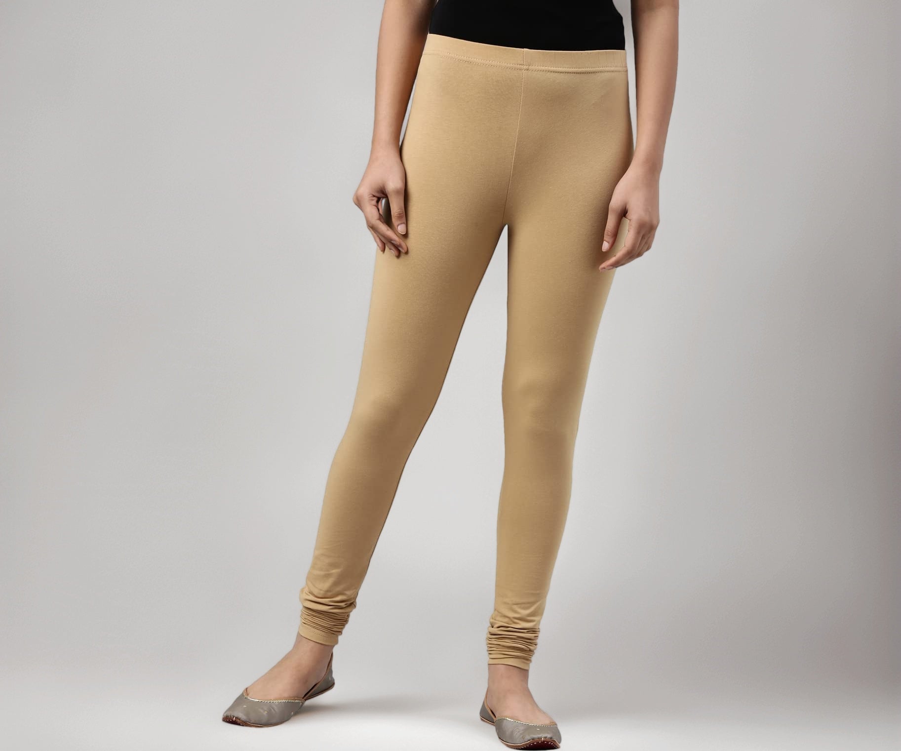 GO COLORS Soft Cotton Stretch Churidar for Women | Breathable, Mid Rise, Full Length, Wheat- L