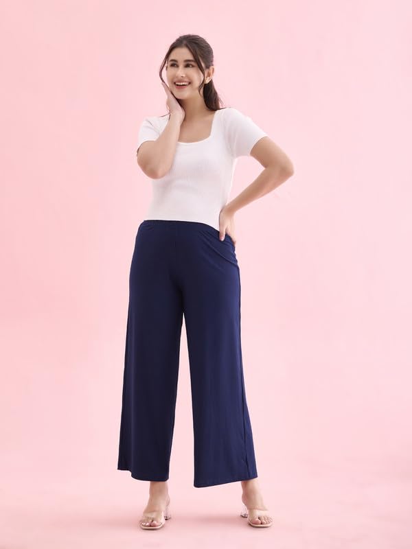 GO COLORS Women Solid Navy Knit Viscose Mid Rise Palazzos - L
