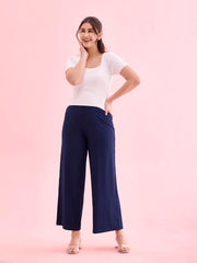 GO COLORS Women Solid Navy Knit Viscose Mid Rise Palazzos - L